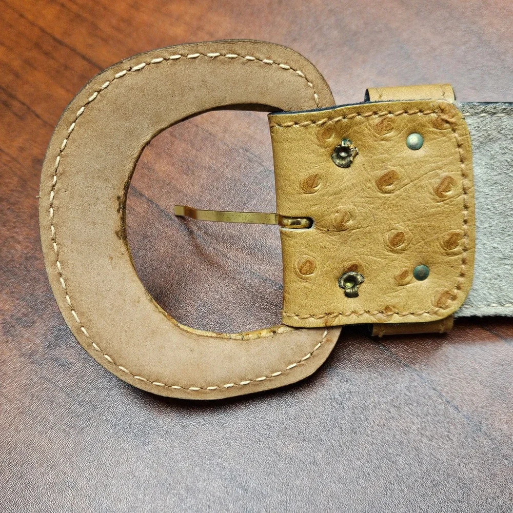 Anne Klein for Calderon Tan Ostrich Embossed Leather Belt Made in USA Size M